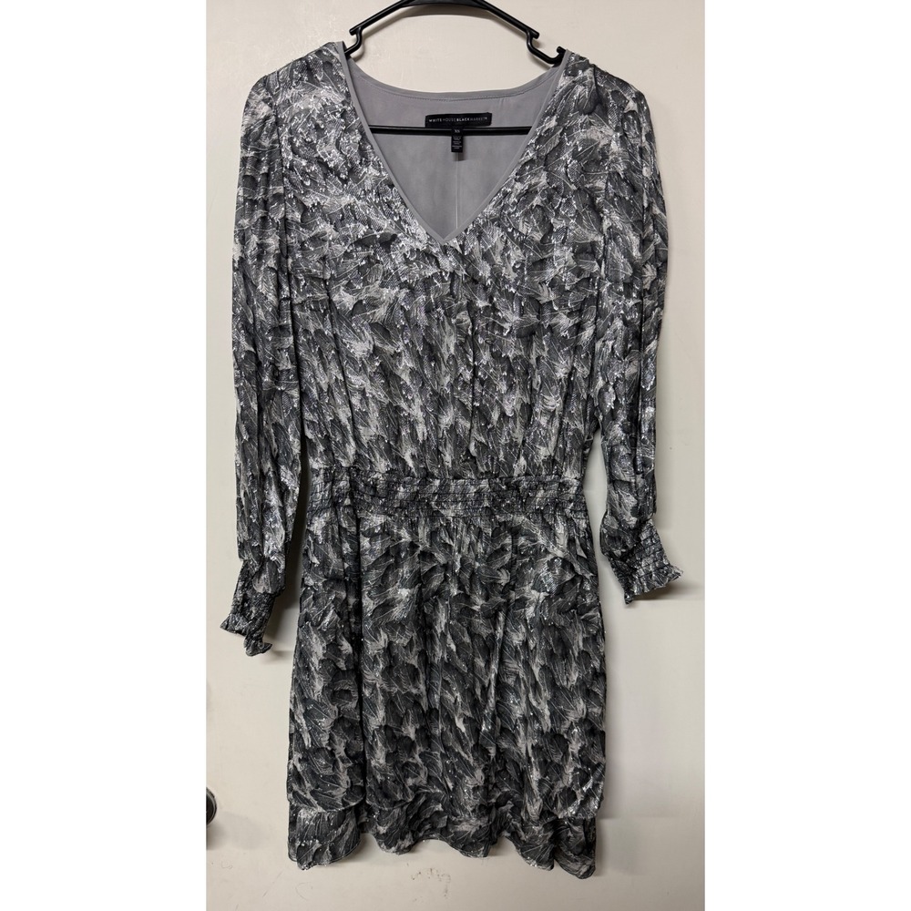 White House Black Market Metallic Smocked Blouson Dress Feathers Ecru XS